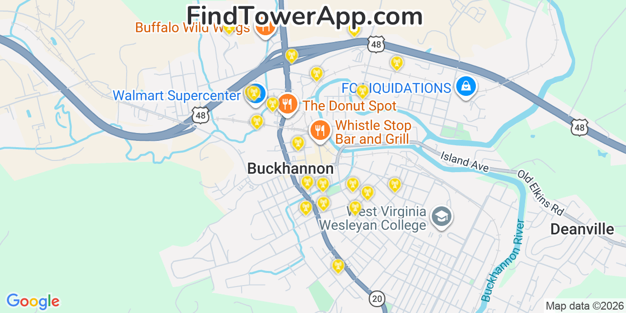Map showing the 20 primary cell tower locations detected in Buckhannon, West Virginia from AT&T, Verizon, and T-Mobile networks