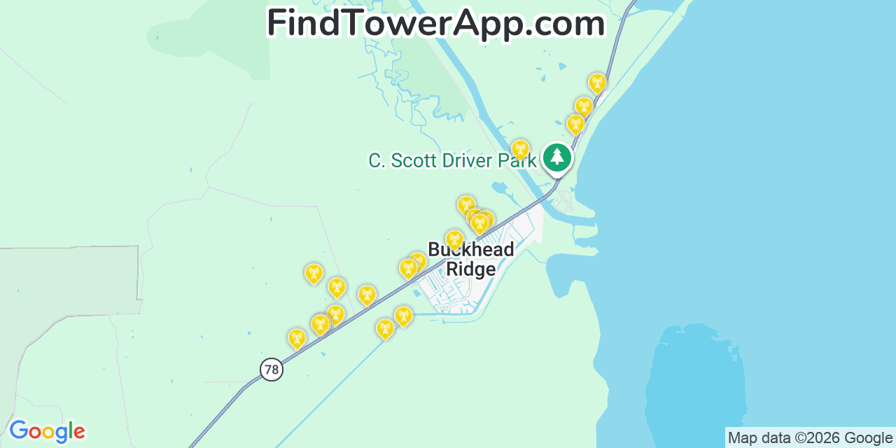 Map showing the 20 primary cell tower locations detected in Buckhead Ridge, Florida from AT&T, Verizon, and T-Mobile networks