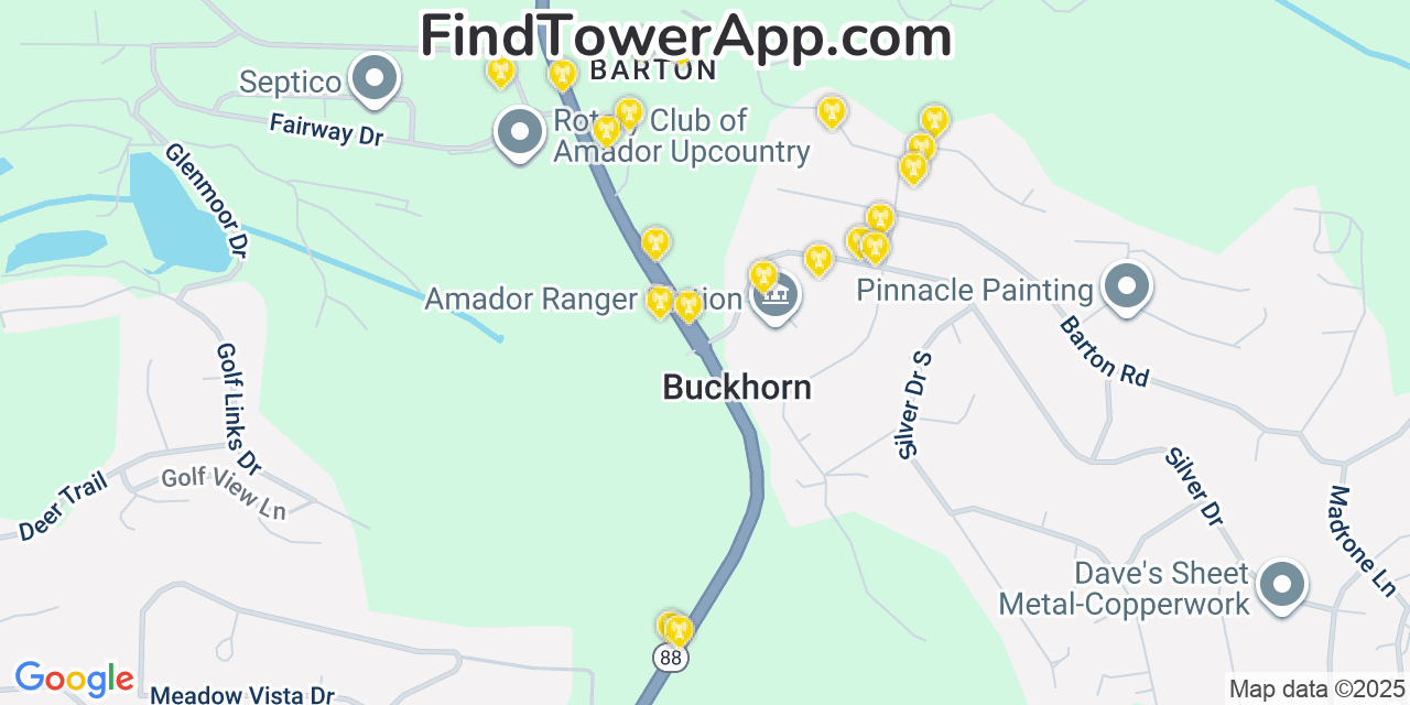 Map showing the 20 primary cell tower locations detected in Buckhorn, California from AT&T, Verizon, and T-Mobile networks