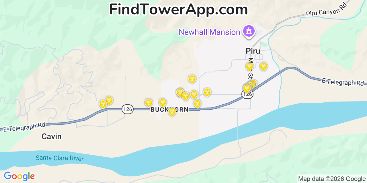 Map showing the 20 primary cell tower locations detected in Buckhorn, California from AT&T, Verizon, and T-Mobile networks