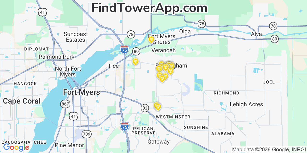Map showing the 20 primary cell tower locations detected in Buckingham, Florida from AT&T, Verizon, and T-Mobile networks