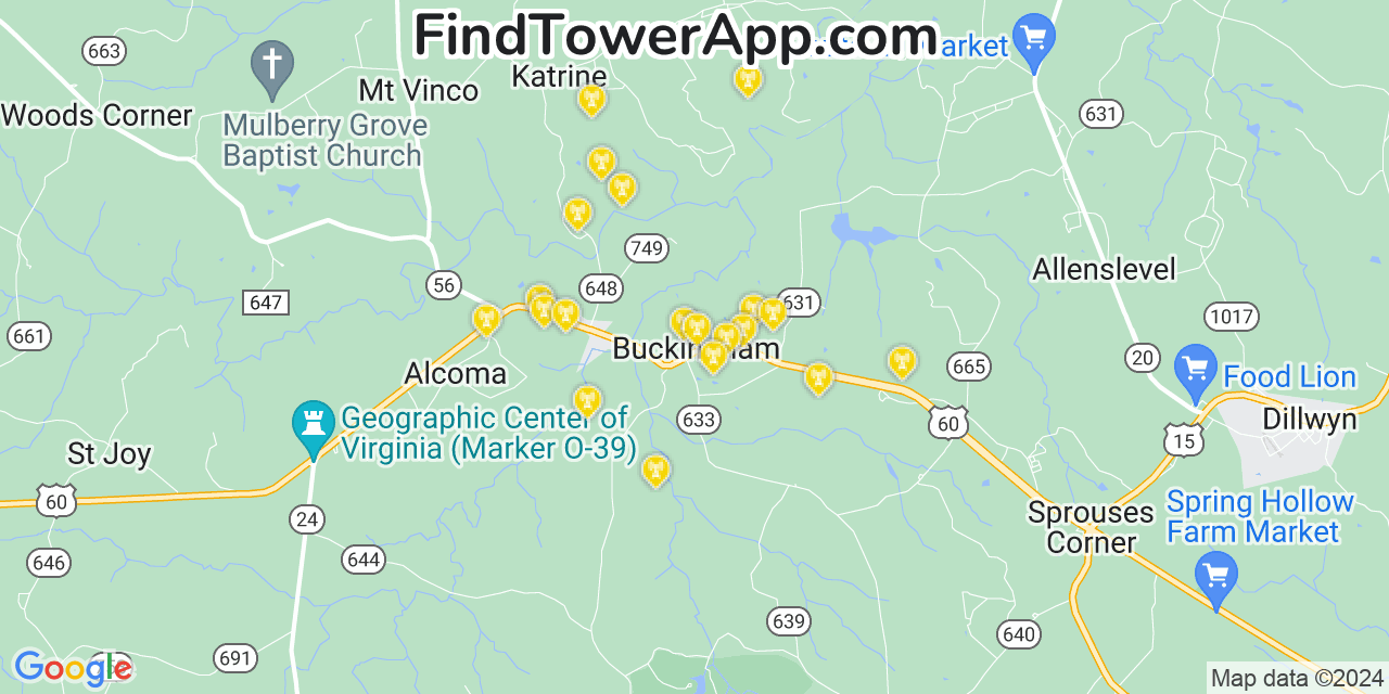 AT&T 4G/5G cell tower coverage map Buckingham, Virginia