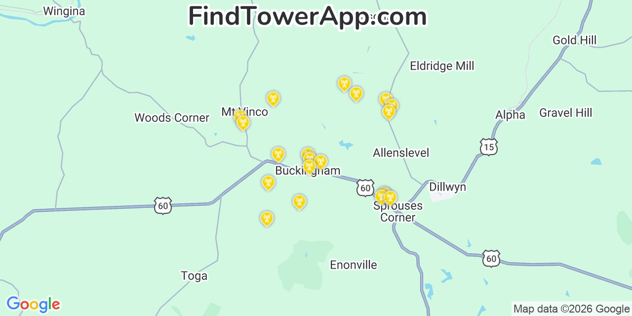 Map showing the 20 primary cell tower locations detected in Buckingham, Virginia from AT&T, Verizon, and T-Mobile networks
