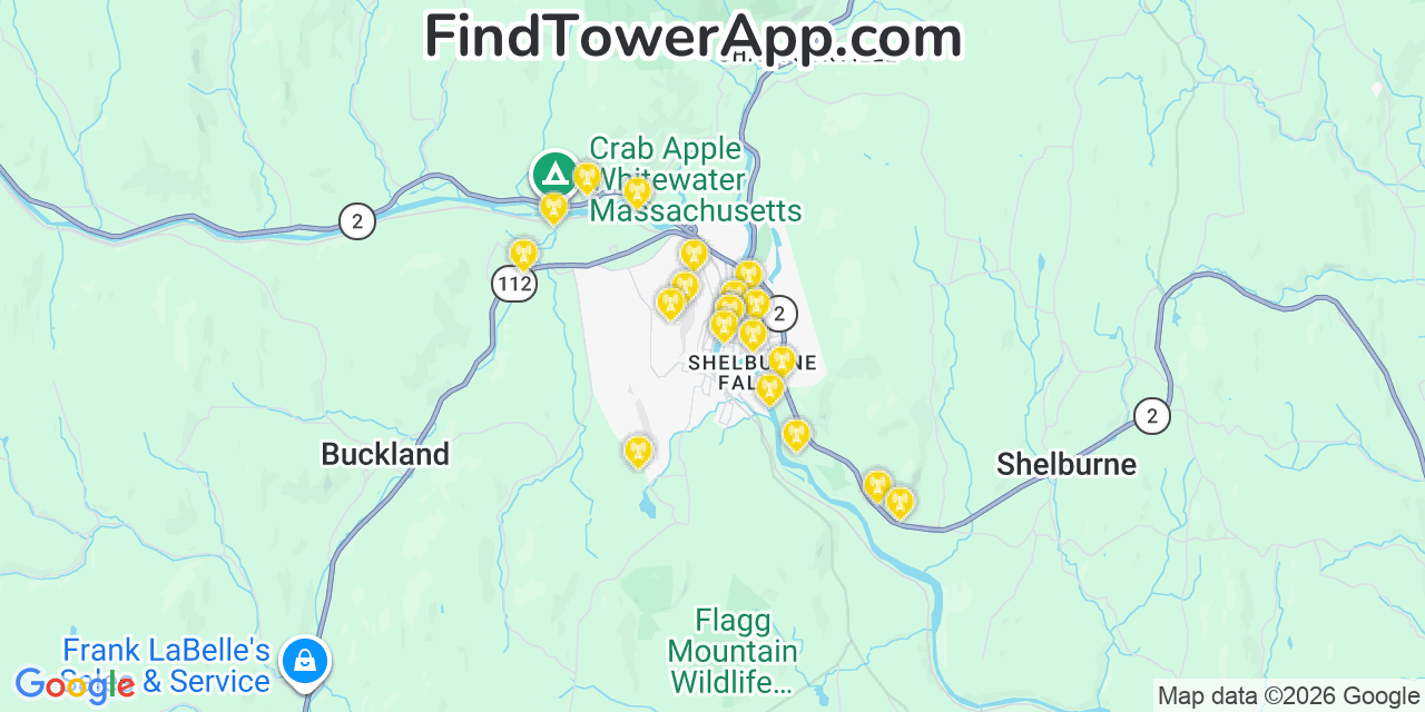 Map showing the 20 primary cell tower locations detected in Buckland, Massachusetts from AT&T, Verizon, and T-Mobile networks