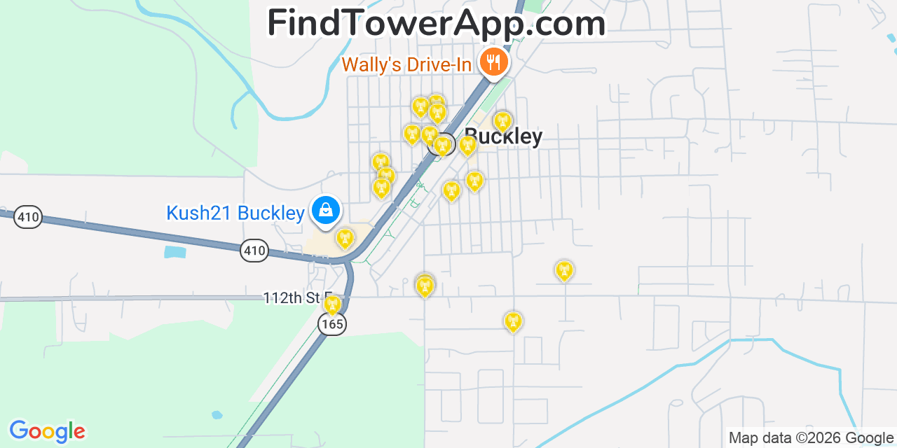 Map showing the 20 primary cell tower locations detected in Buckley, Washington from AT&T, Verizon, and T-Mobile networks