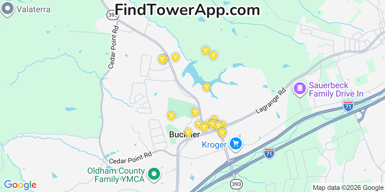 Map showing the 20 primary cell tower locations detected in Buckner, Kentucky from AT&T, Verizon, and T-Mobile networks