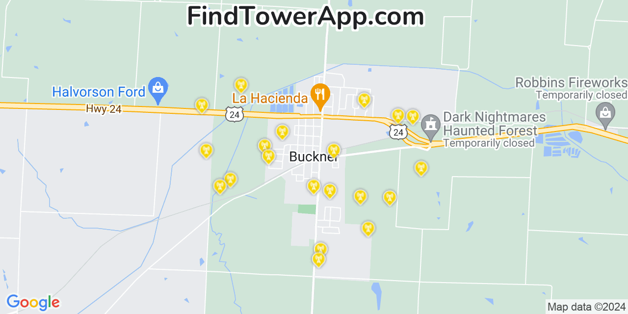 AT&T 4G/5G cell tower coverage map Buckner, Missouri