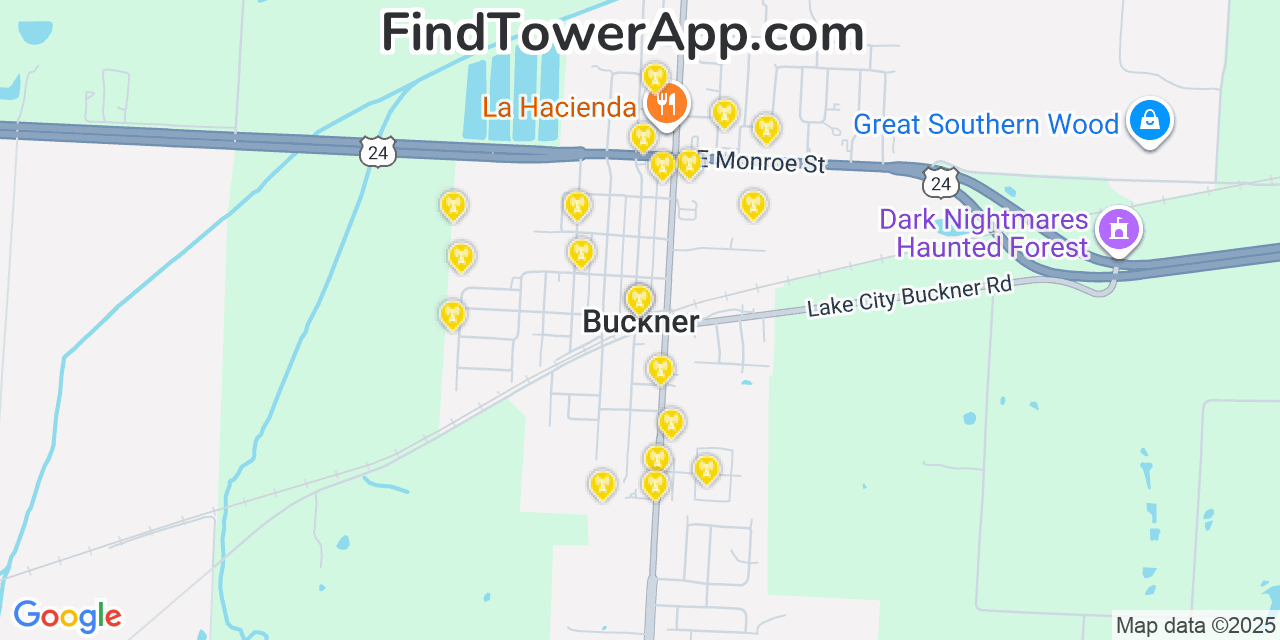 Map showing the 20 primary cell tower locations detected in Buckner, Missouri from AT&T, Verizon, and T-Mobile networks