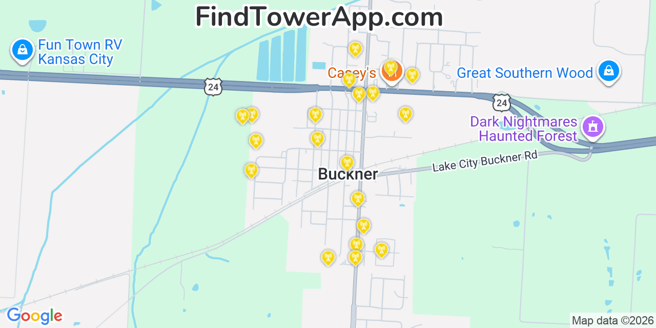 Map showing the 20 primary cell tower locations detected in Buckner, Missouri from AT&T, Verizon, and T-Mobile networks