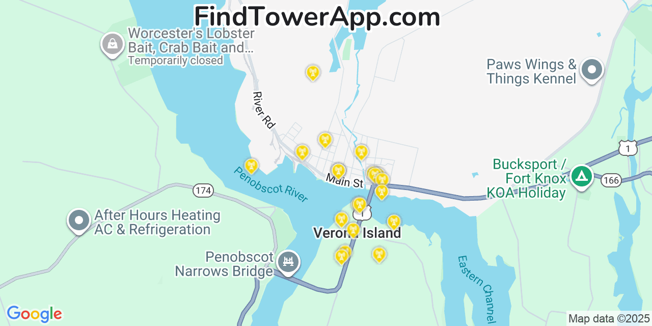 Map showing the 20 primary cell tower locations detected in Bucksport, Maine from AT&T, Verizon, and T-Mobile networks