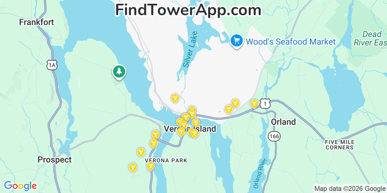 Map showing the 20 primary cell tower locations detected in Bucksport, Maine from AT&T, Verizon, and T-Mobile networks