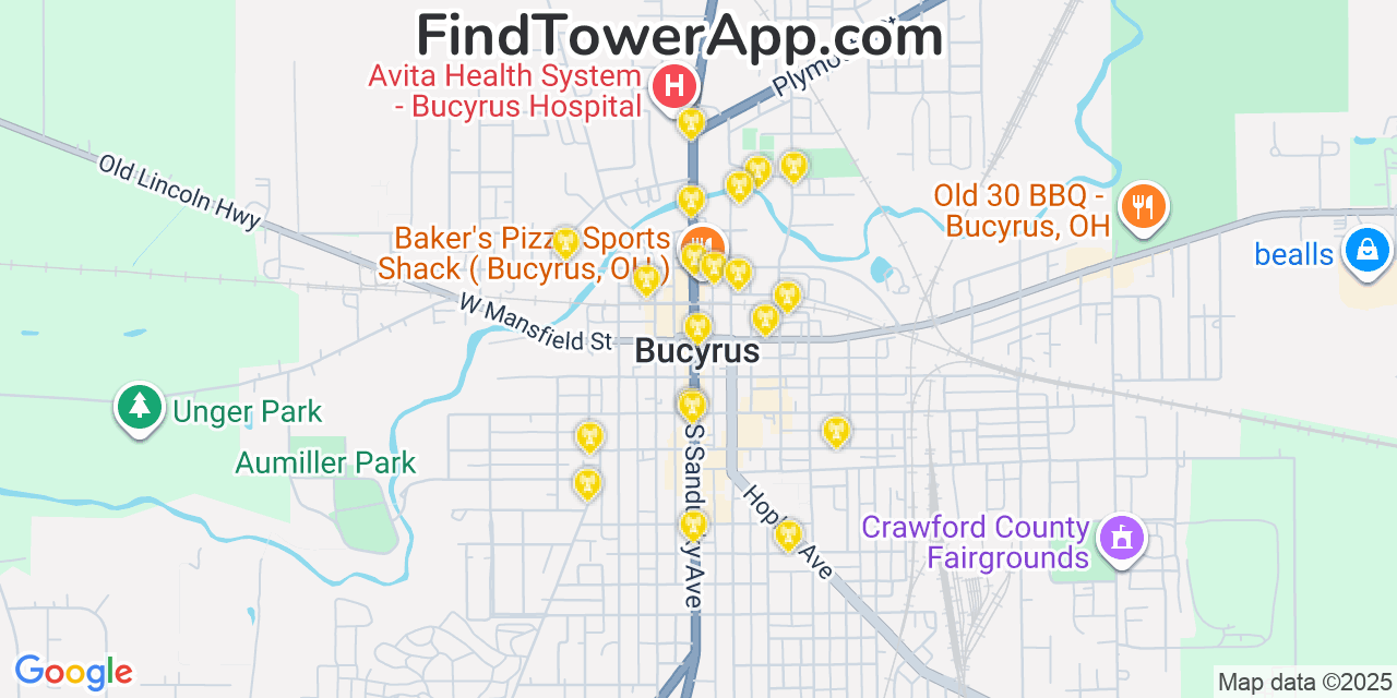 Map showing the 20 primary cell tower locations detected in Bucyrus, Ohio from AT&T, Verizon, and T-Mobile networks