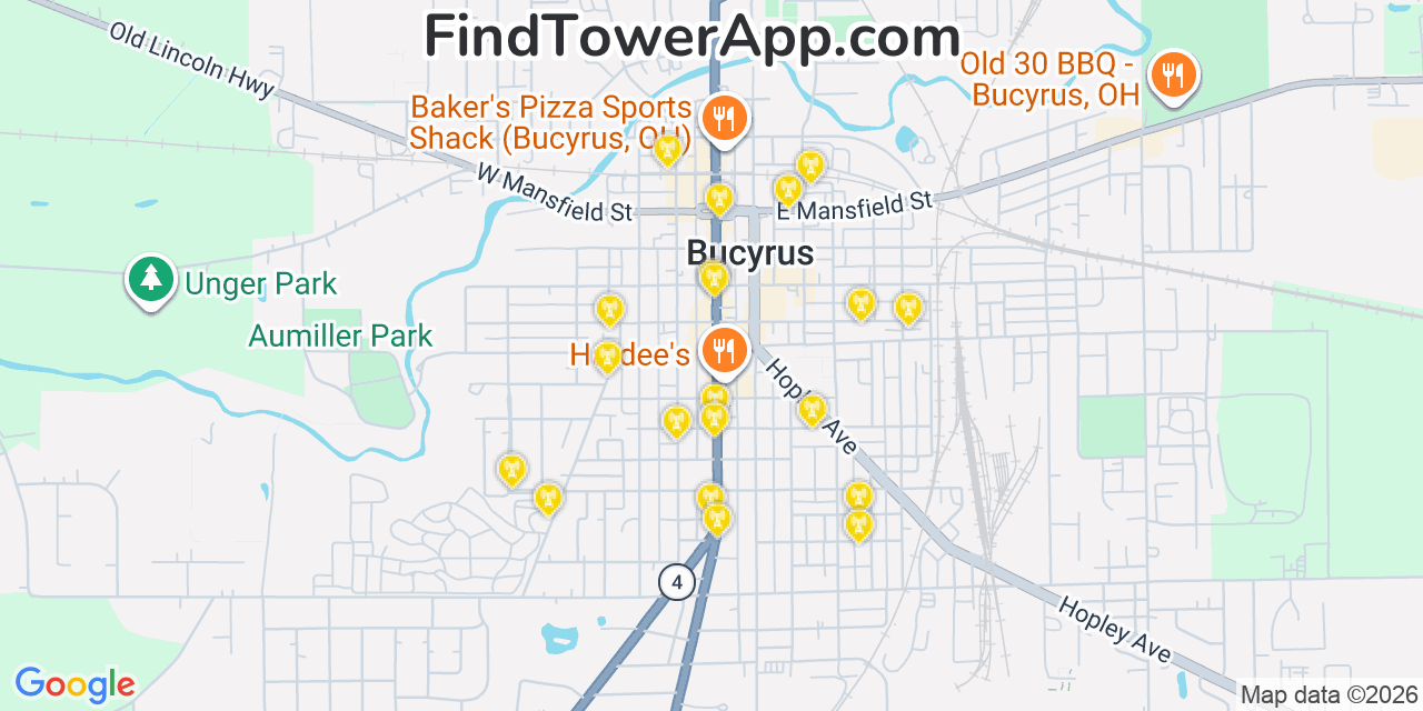 Map showing the 20 primary cell tower locations detected in Bucyrus, Ohio from AT&T, Verizon, and T-Mobile networks