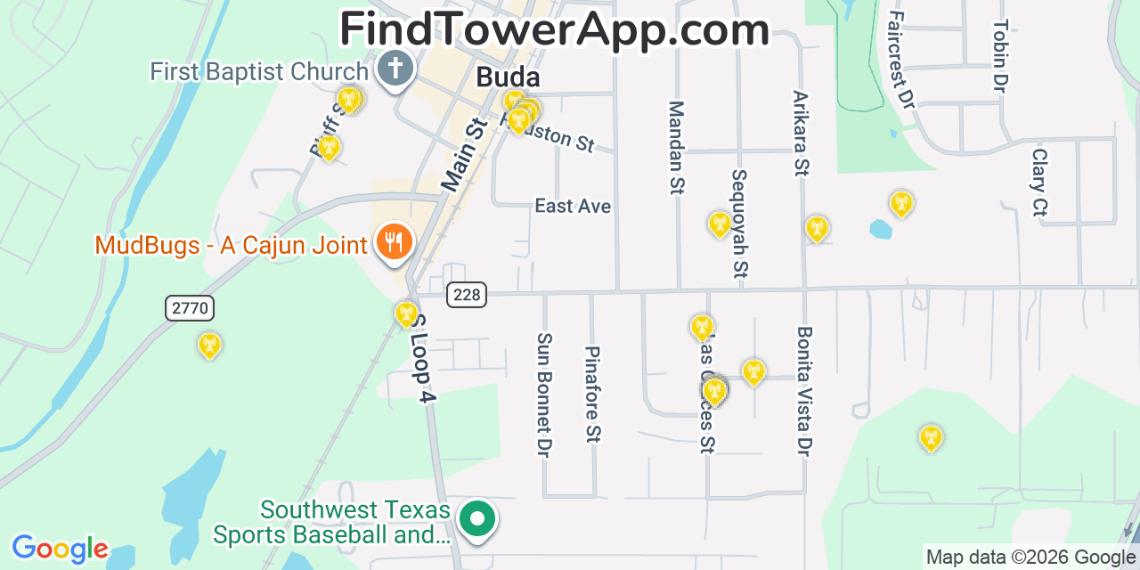 Map showing the 20 primary cell tower locations detected in Buda, Texas from AT&T, Verizon, and T-Mobile networks