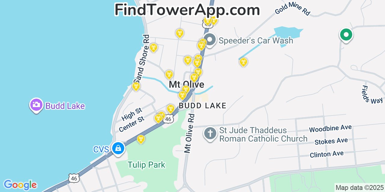 Map showing the 20 primary cell tower locations detected in Budd Lake, New Jersey from AT&T, Verizon, and T-Mobile networks