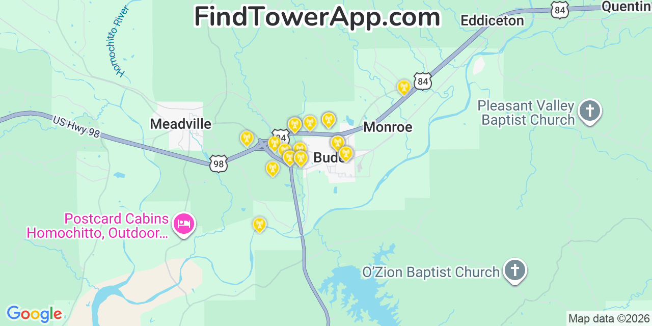 Map showing the 20 primary cell tower locations detected in Bude, Mississippi from AT&T, Verizon, and T-Mobile networks