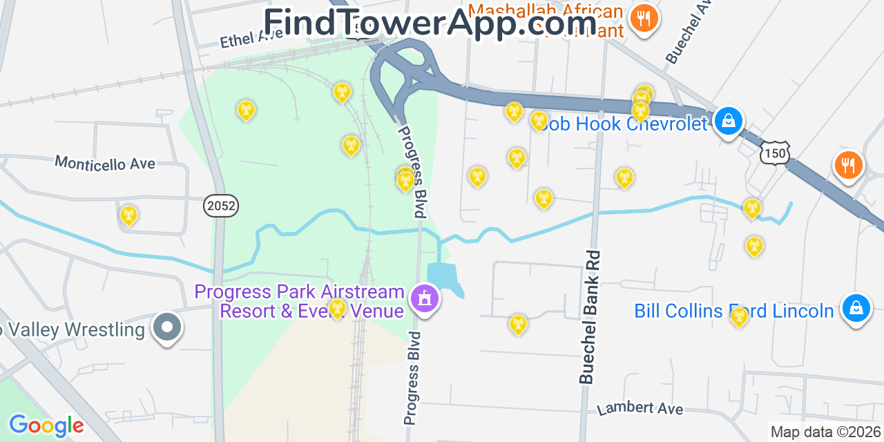 Map showing the 20 primary cell tower locations detected in Buechel, Kentucky from AT&T, Verizon, and T-Mobile networks