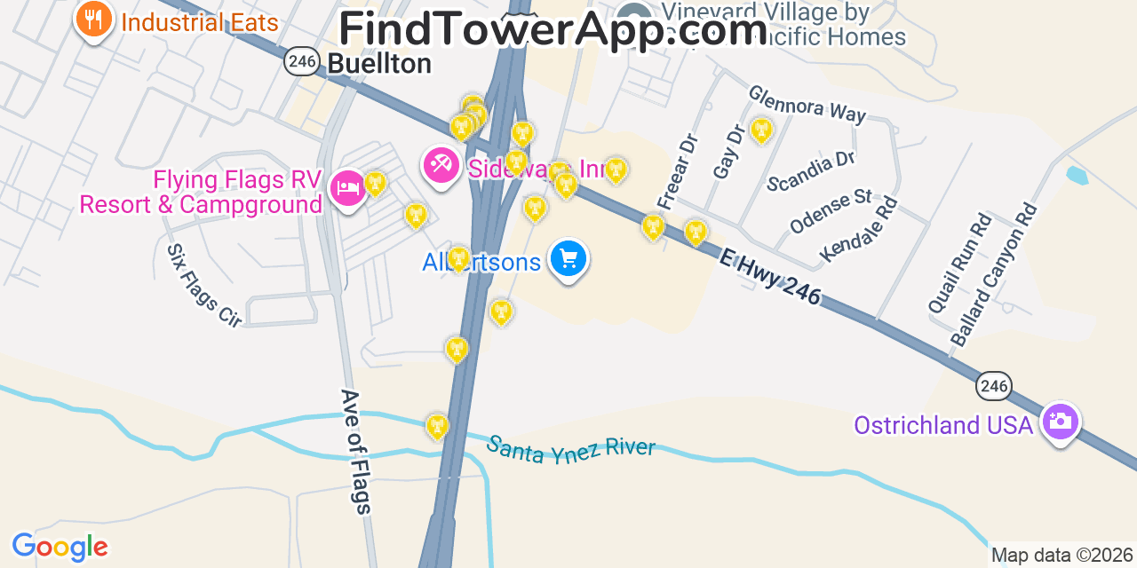 Map showing the 20 primary cell tower locations detected in Buellton, California from AT&T, Verizon, and T-Mobile networks
