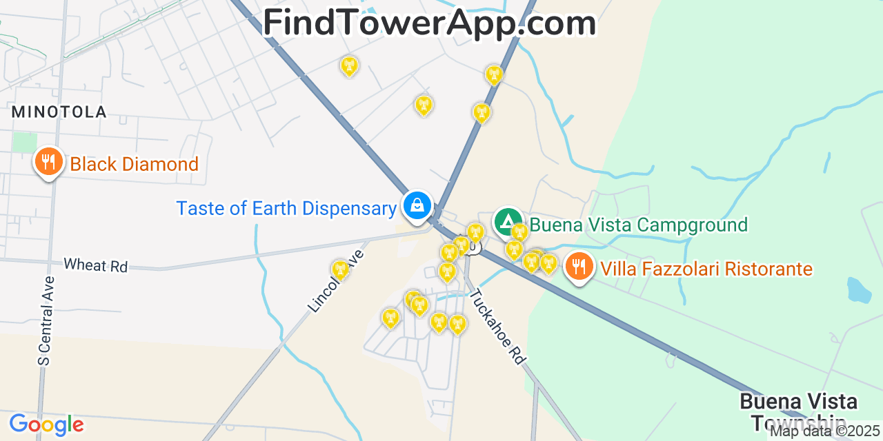 Map showing the 20 primary cell tower locations detected in Buena, New Jersey from AT&T, Verizon, and T-Mobile networks