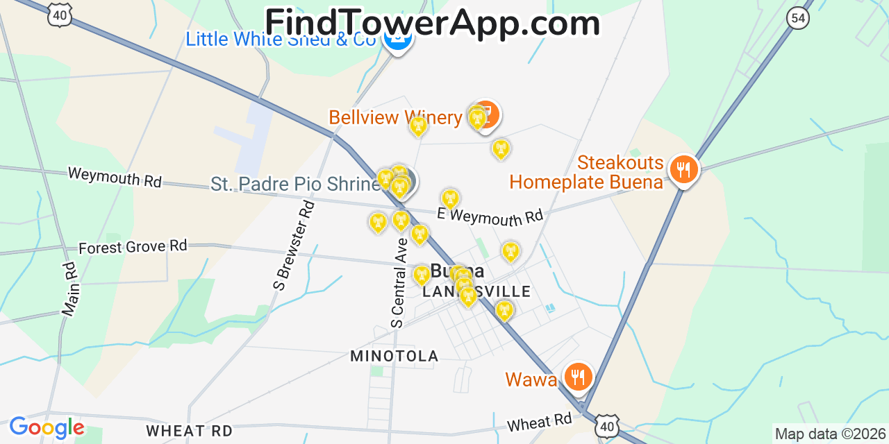 Map showing the 20 primary cell tower locations detected in Buena, New Jersey from AT&T, Verizon, and T-Mobile networks