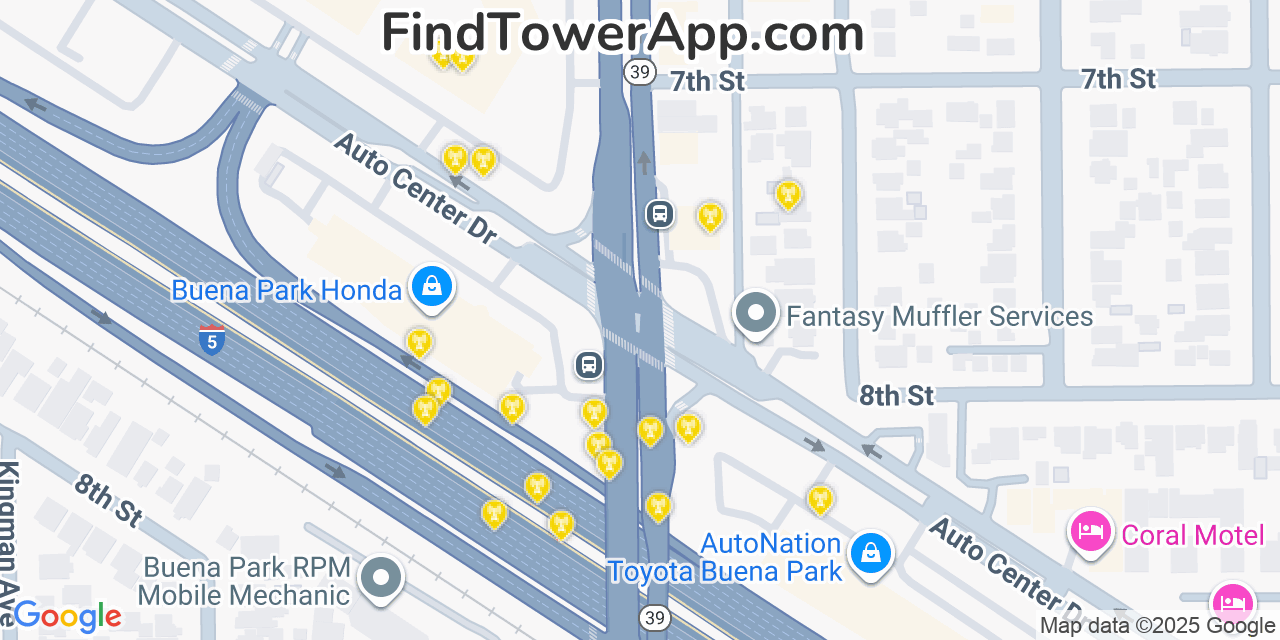 Map showing the 20 primary cell tower locations detected in Buena Park, California from AT&T, Verizon, and T-Mobile networks