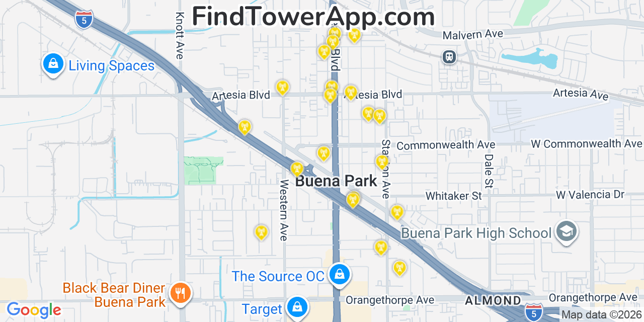 Map showing the 20 primary cell tower locations detected in Buena Park, California from AT&T, Verizon, and T-Mobile networks