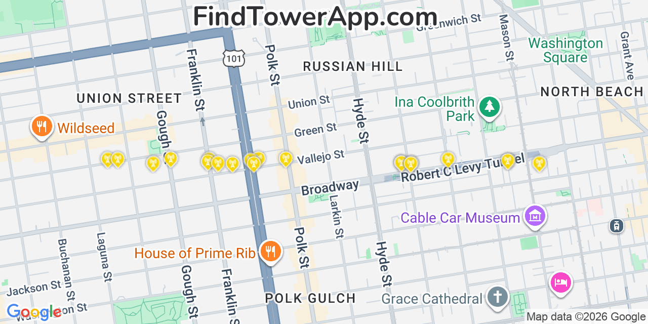 Map showing the 20 primary cell tower locations detected in Buena Vista, California from AT&T, Verizon, and T-Mobile networks