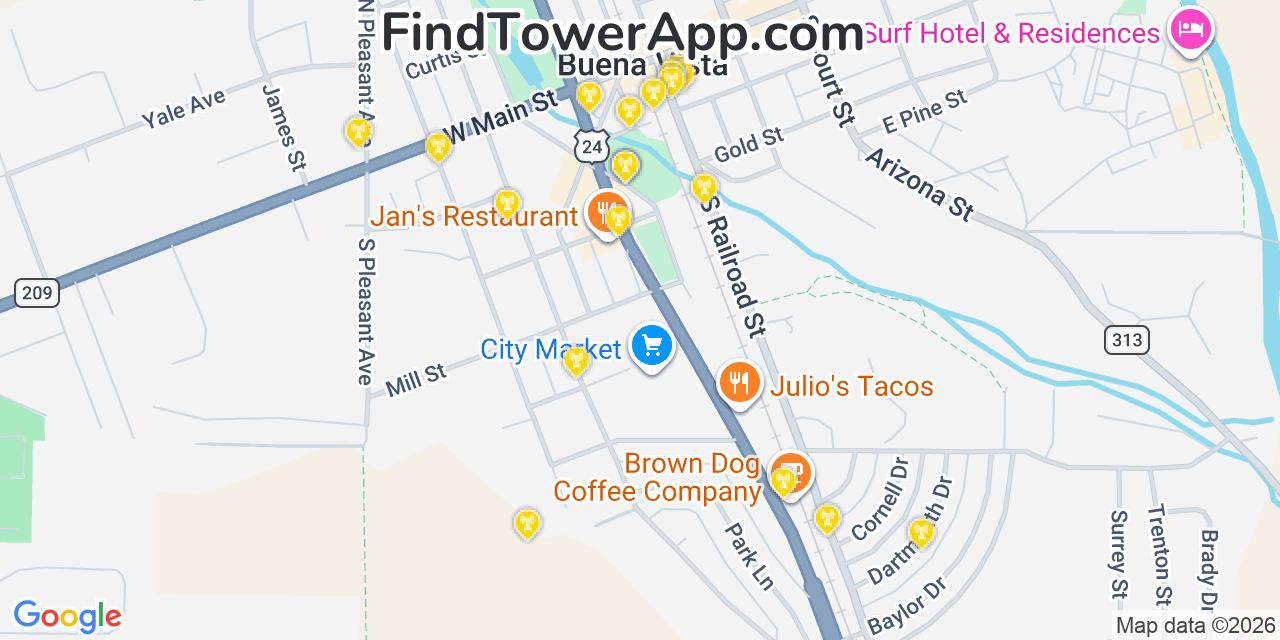 Map showing the 20 primary cell tower locations detected in Buena Vista, Colorado from AT&T, Verizon, and T-Mobile networks