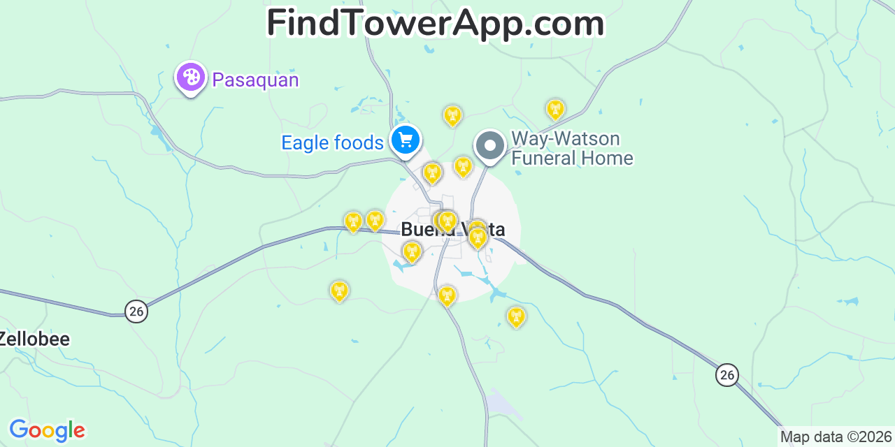 Map showing the 20 primary cell tower locations detected in Buena Vista, Georgia from AT&T, Verizon, and T-Mobile networks