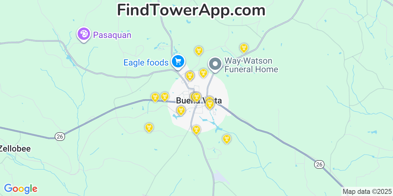 Map showing the 20 primary Mobitel cell tower locations detected in Buena Vista, Georgia with coverage radius and signal strength indicators