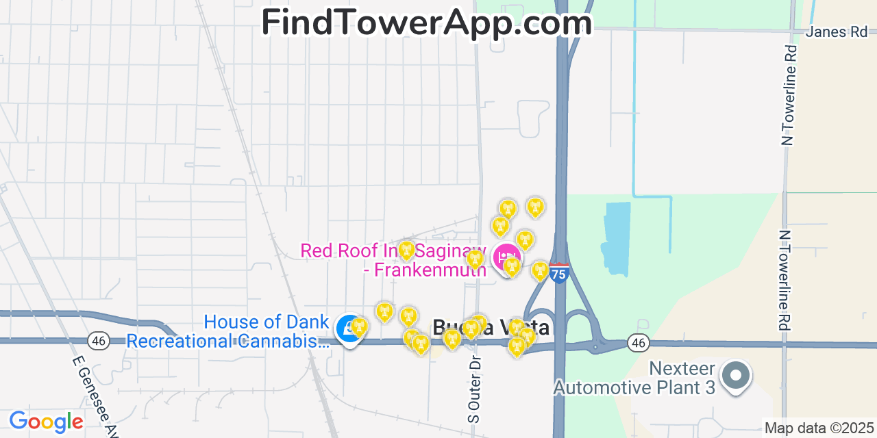 Map showing the 20 primary cell tower locations detected in Buena Vista, Michigan from AT&T, Verizon, and T-Mobile networks