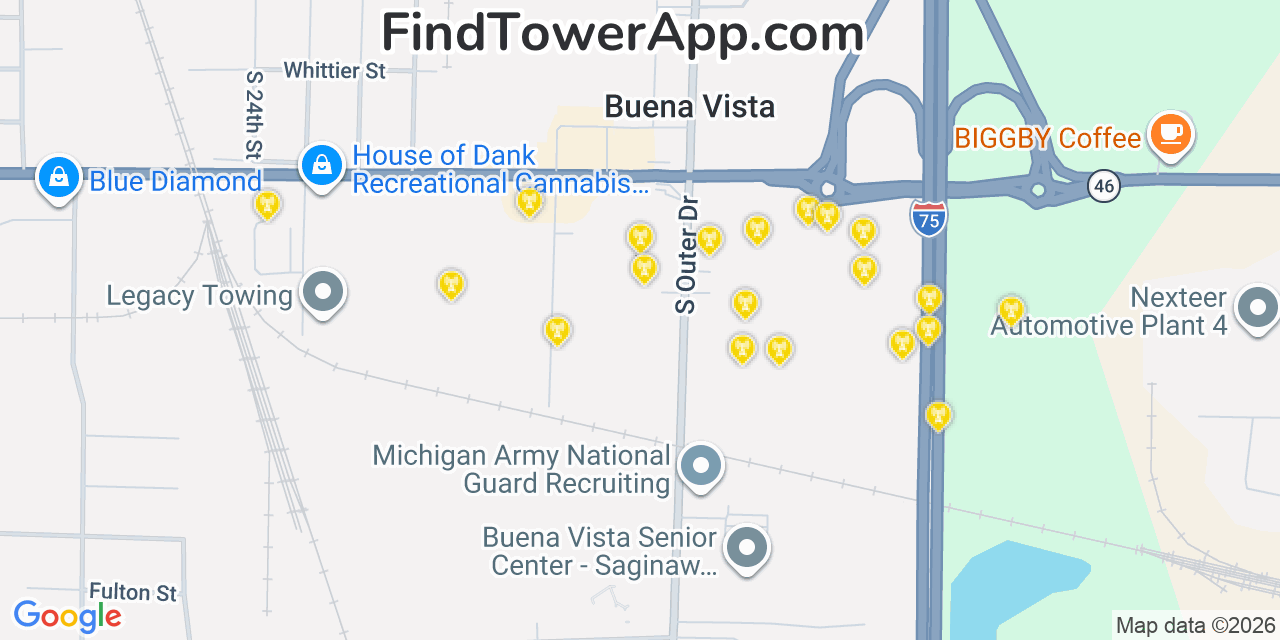 Map showing the 20 primary cell tower locations detected in Buena Vista, Michigan from AT&T, Verizon, and T-Mobile networks