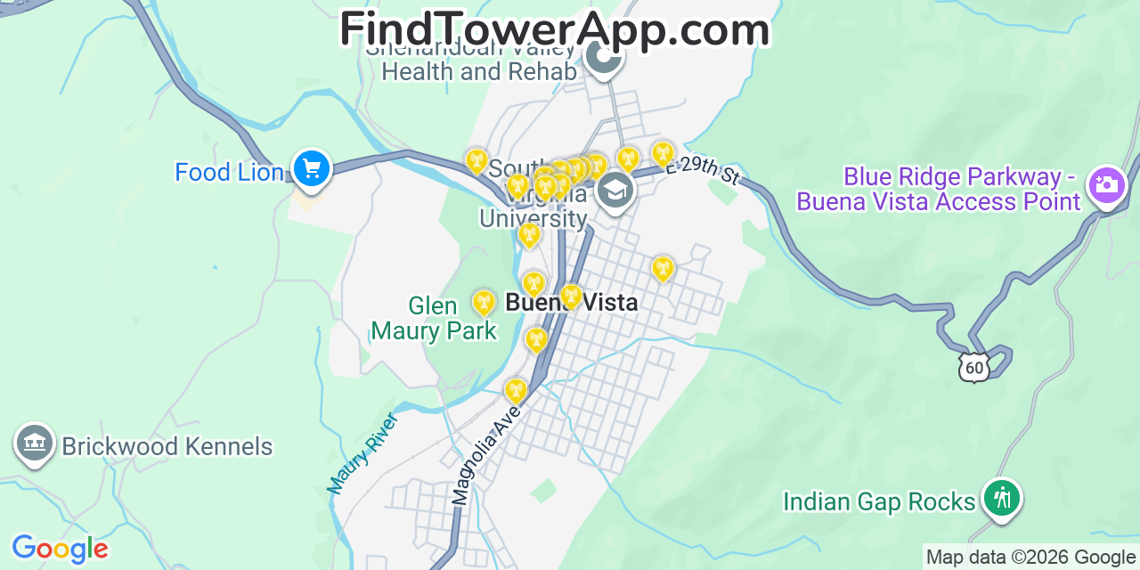 Map showing the 20 primary cell tower locations detected in Buena Vista, Virginia from AT&T, Verizon, and T-Mobile networks
