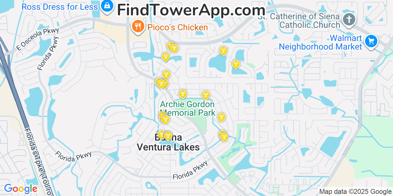 Map showing the 20 primary cell tower locations detected in Buenaventura Lakes, Florida from AT&T, Verizon, and T-Mobile networks
