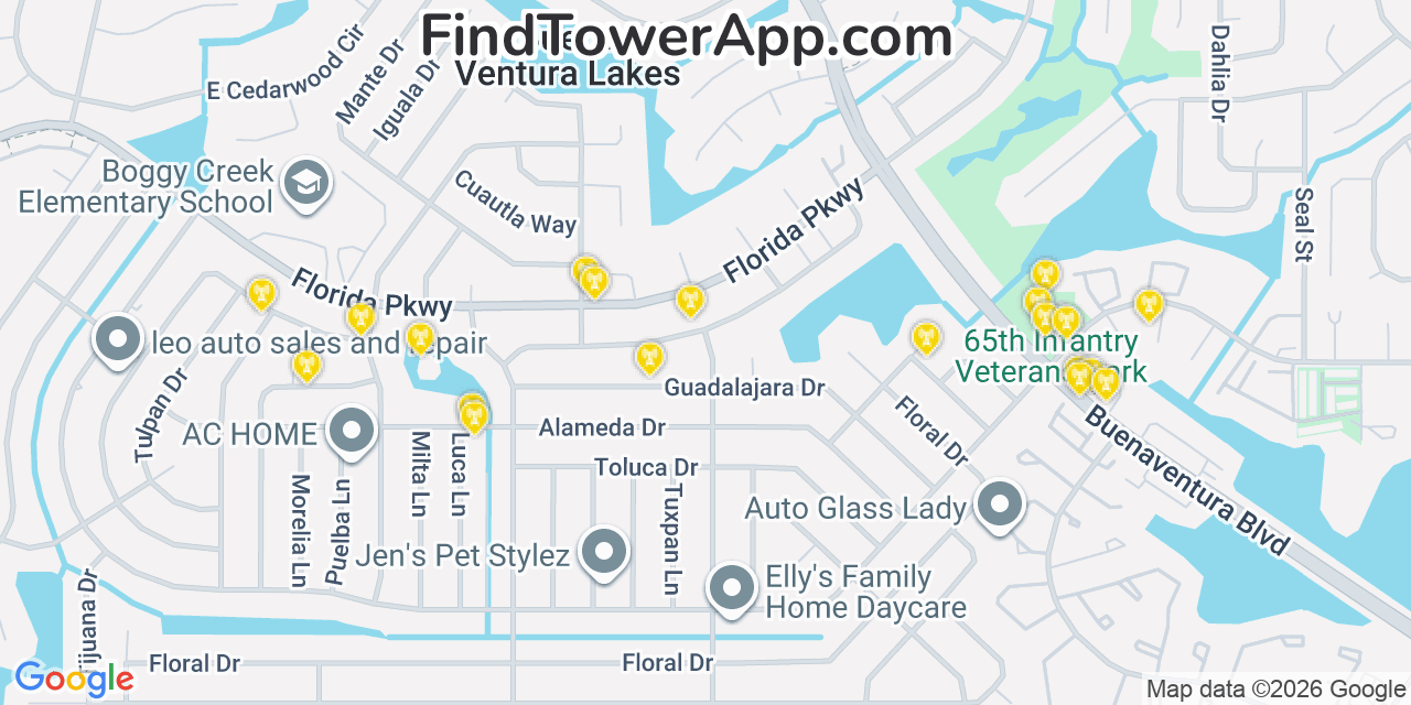 Map showing the 20 primary cell tower locations detected in Buenaventura Lakes, Florida from AT&T, Verizon, and T-Mobile networks