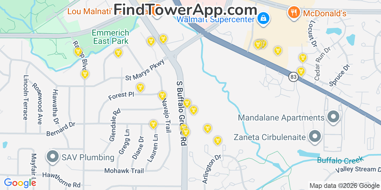 Map showing the 20 primary cell tower locations detected in Buffalo Grove, Illinois from AT&T, Verizon, and T-Mobile networks