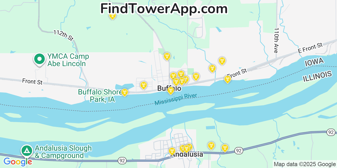 Map showing the 20 primary cell tower locations detected in Buffalo, Iowa from AT&T, Verizon, and T-Mobile networks