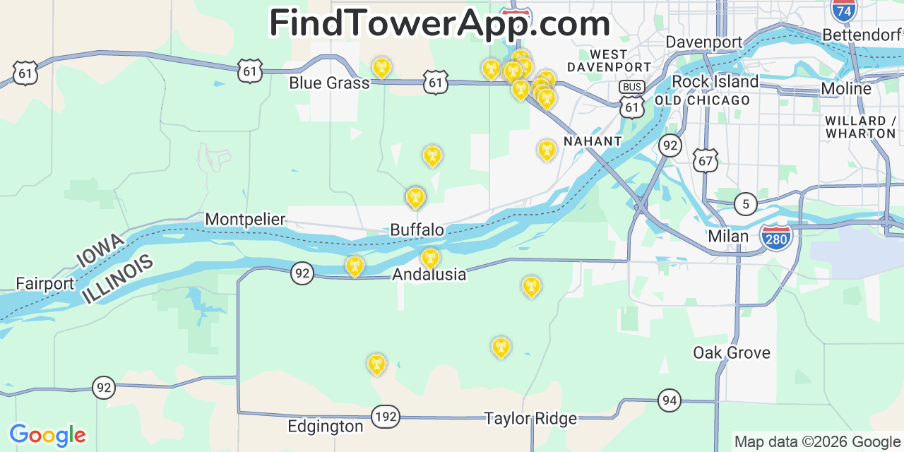 Map showing the 20 primary cell tower locations detected in Buffalo, Iowa from AT&T, Verizon, and T-Mobile networks