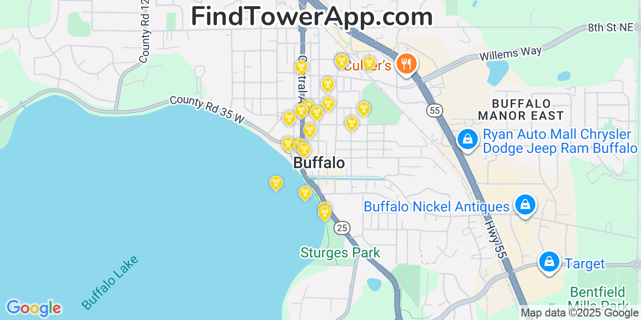 Map showing the 20 primary cell tower locations detected in Buffalo, Minnesota from AT&T, Verizon, and T-Mobile networks