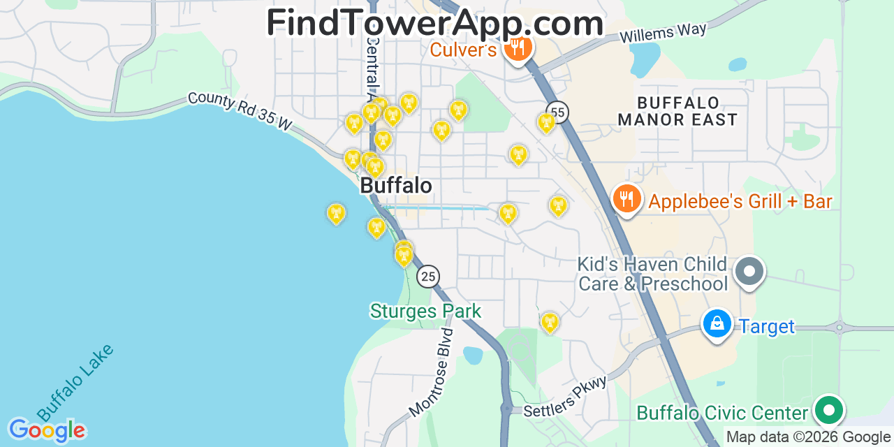 Map showing the 20 primary cell tower locations detected in Buffalo, Minnesota from AT&T, Verizon, and T-Mobile networks