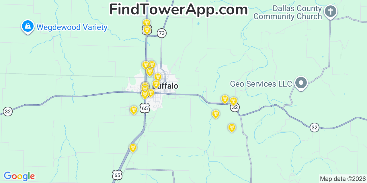Map showing the 20 primary cell tower locations detected in Buffalo, Missouri from AT&T, Verizon, and T-Mobile networks