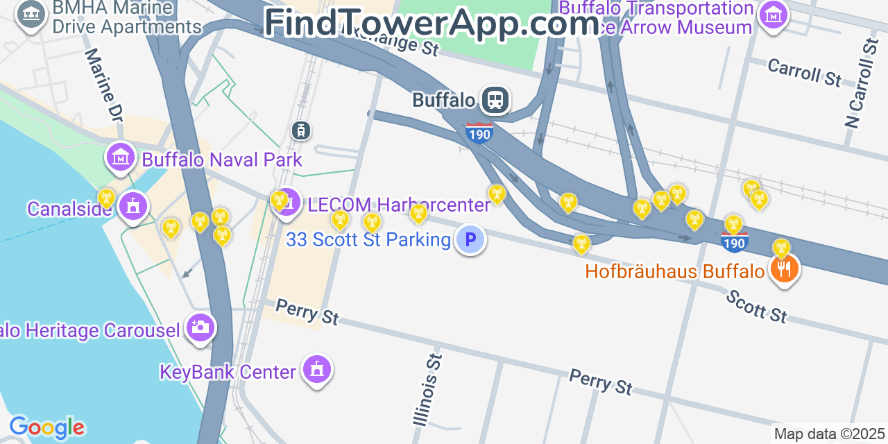 Map showing the 20 primary cell tower locations detected in Buffalo, New York from AT&T, Verizon, and T-Mobile networks