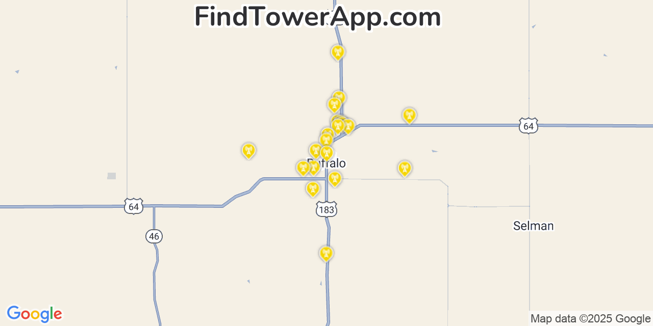 Map showing the 20 primary cell tower locations detected in Buffalo, Oklahoma from AT&T, Verizon, and T-Mobile networks