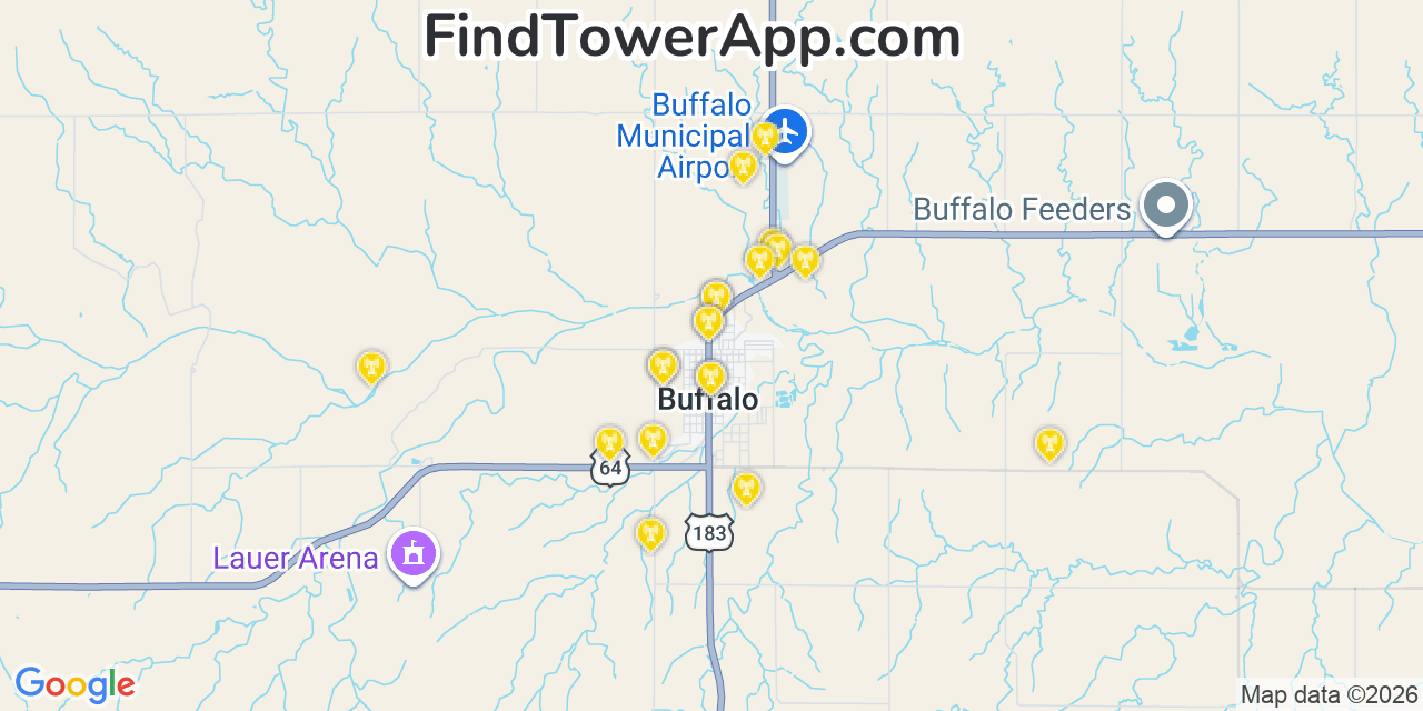 Map showing the 20 primary cell tower locations detected in Buffalo, Oklahoma from AT&T, Verizon, and T-Mobile networks