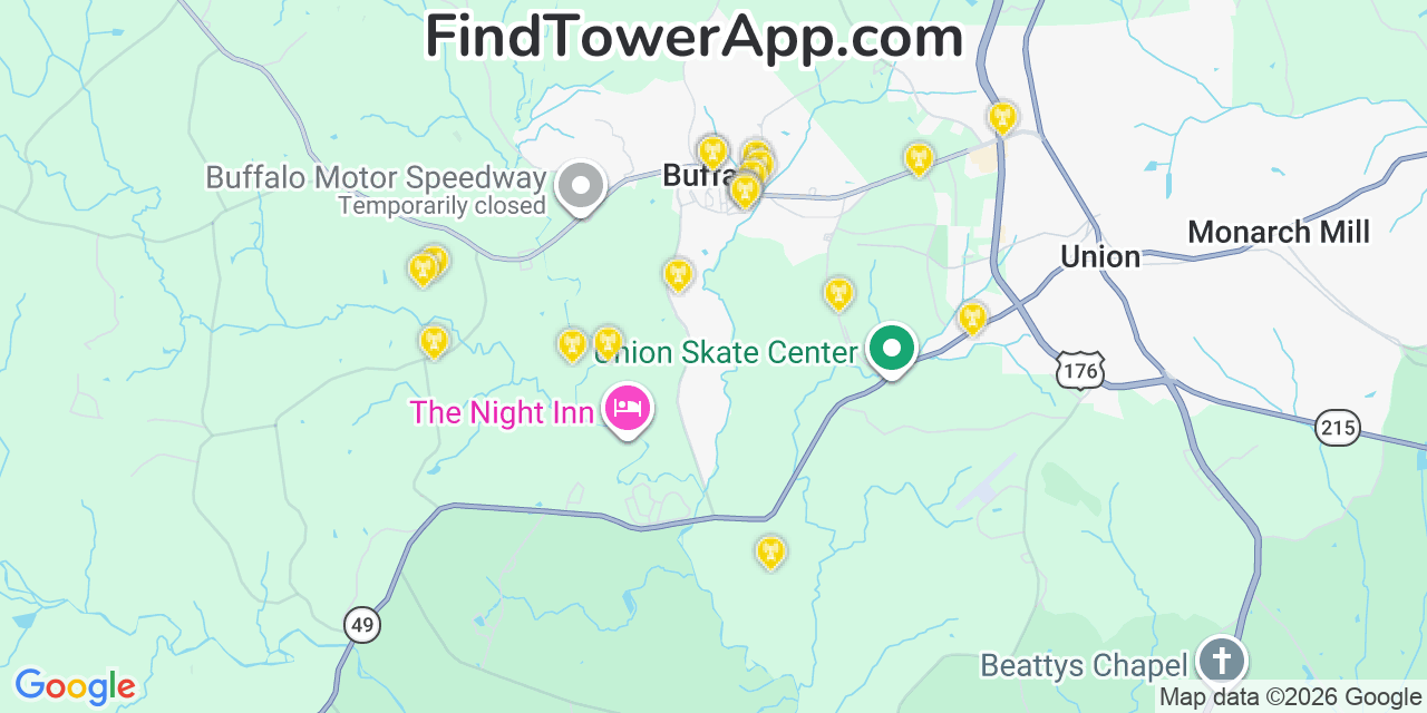 Map showing the 20 primary cell tower locations detected in Buffalo, South Carolina from AT&T, Verizon, and T-Mobile networks