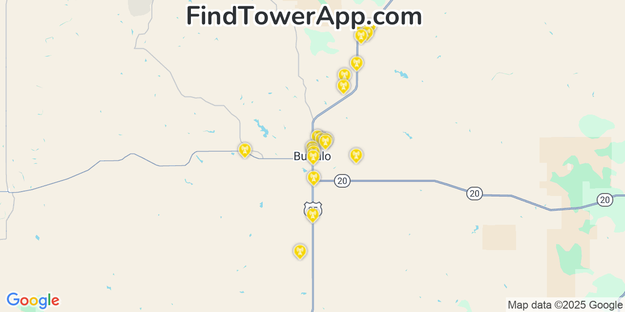 Map showing the 20 primary cell tower locations detected in Buffalo, South Dakota from AT&T, Verizon, and T-Mobile networks