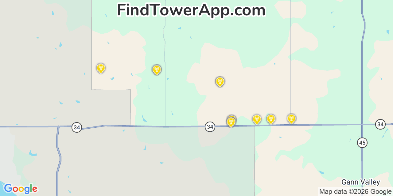 Map showing the 20 primary cell tower locations detected in Buffalo, South Dakota from AT&T, Verizon, and T-Mobile networks