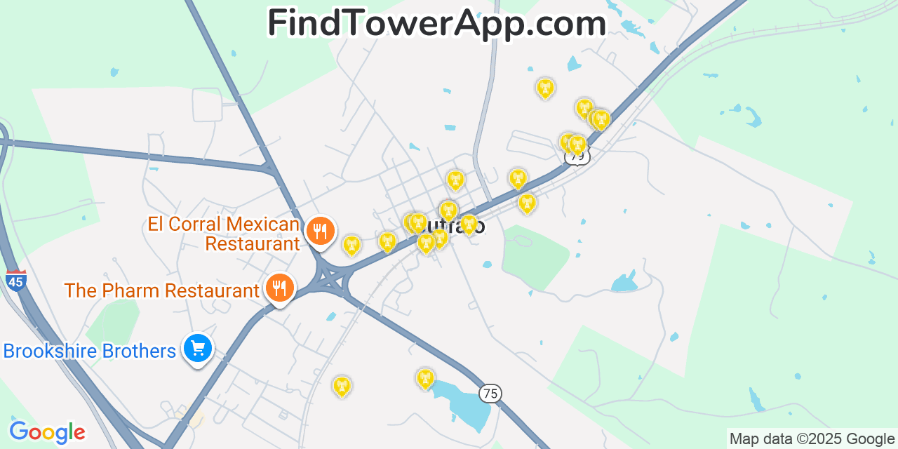 Map showing the 20 primary cell tower locations detected in Buffalo, Texas from AT&T, Verizon, and T-Mobile networks