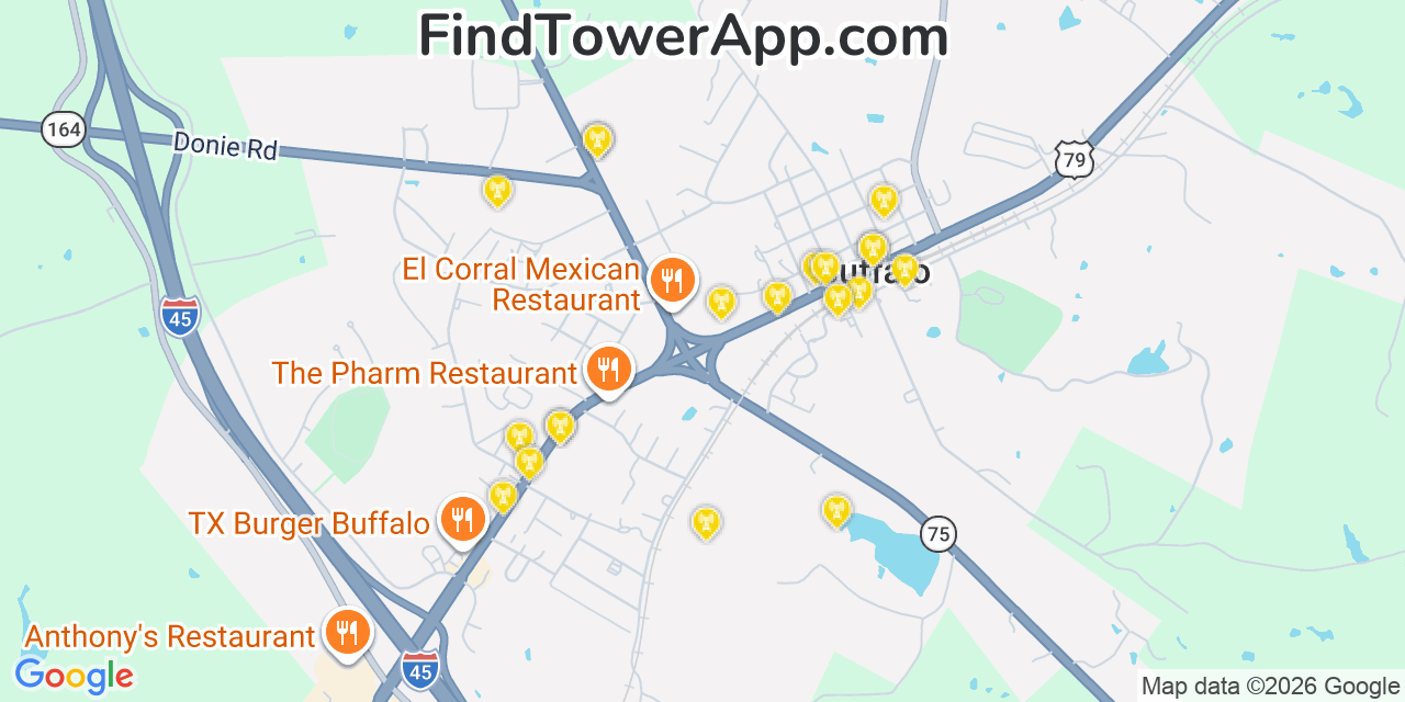 Map showing the 20 primary cell tower locations detected in Buffalo, Texas from AT&T, Verizon, and T-Mobile networks