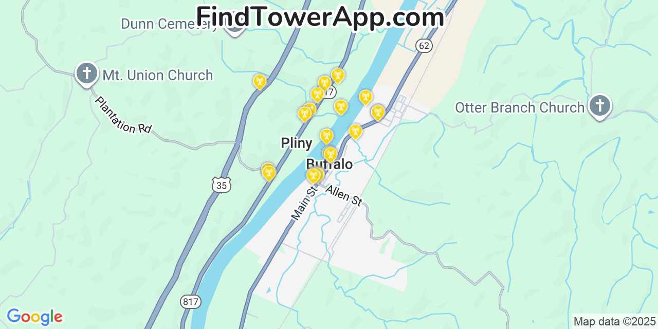 Map showing the 20 primary cell tower locations detected in Buffalo, West Virginia from AT&T, Verizon, and T-Mobile networks